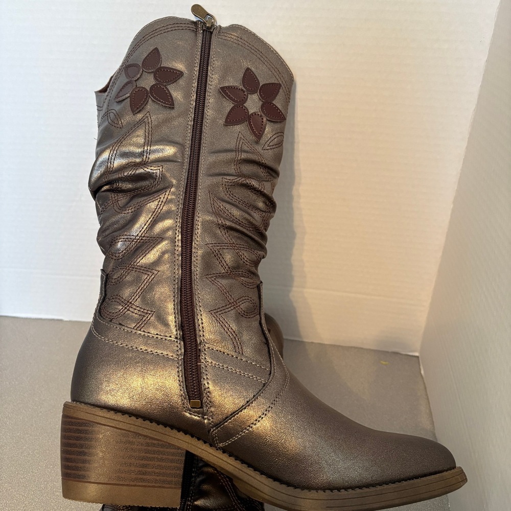 Girls Metallic Bronze Flower Boots Side Zip Block Heel Western Style Size 8 - Picture 12 of 15